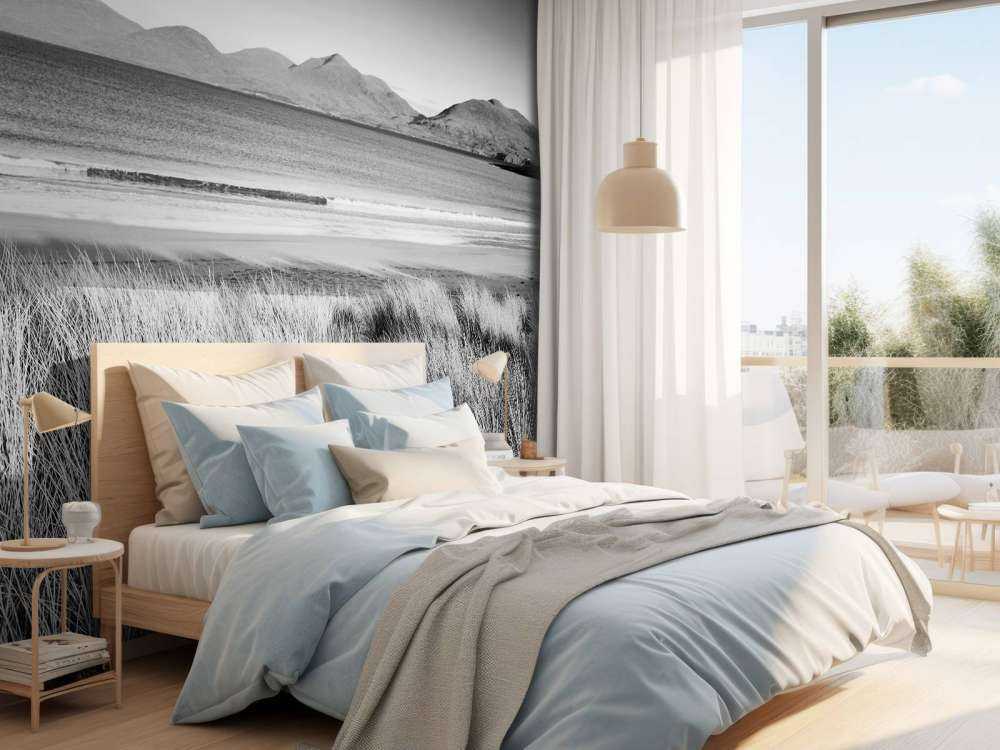 Marram grass, beach and mountains