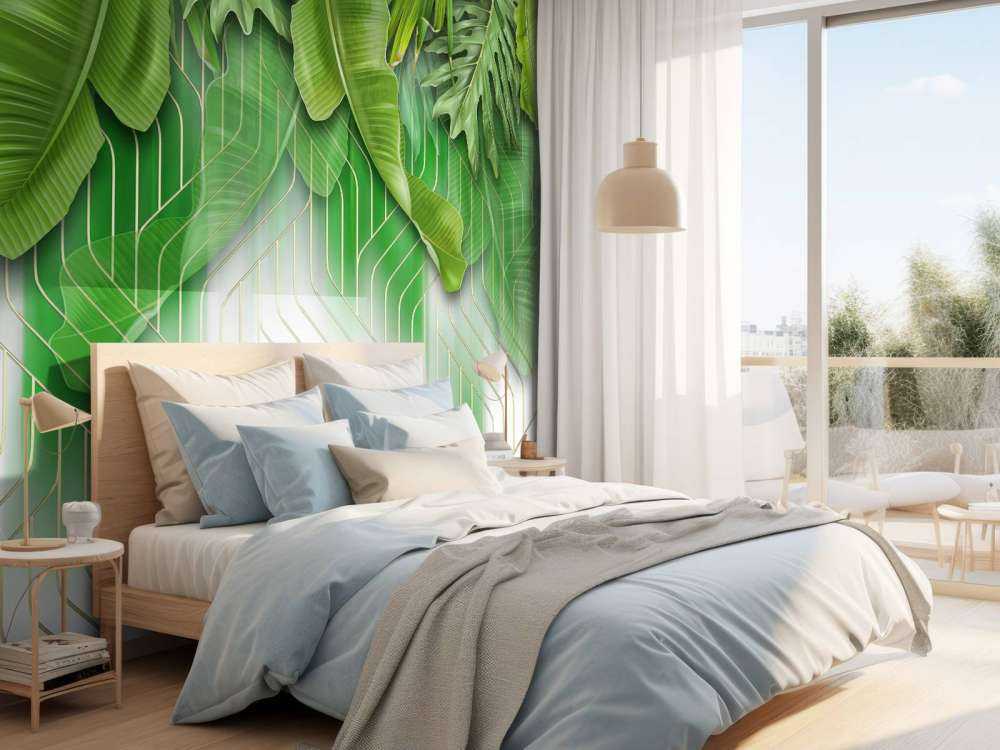 Golden lines effect with green leaves