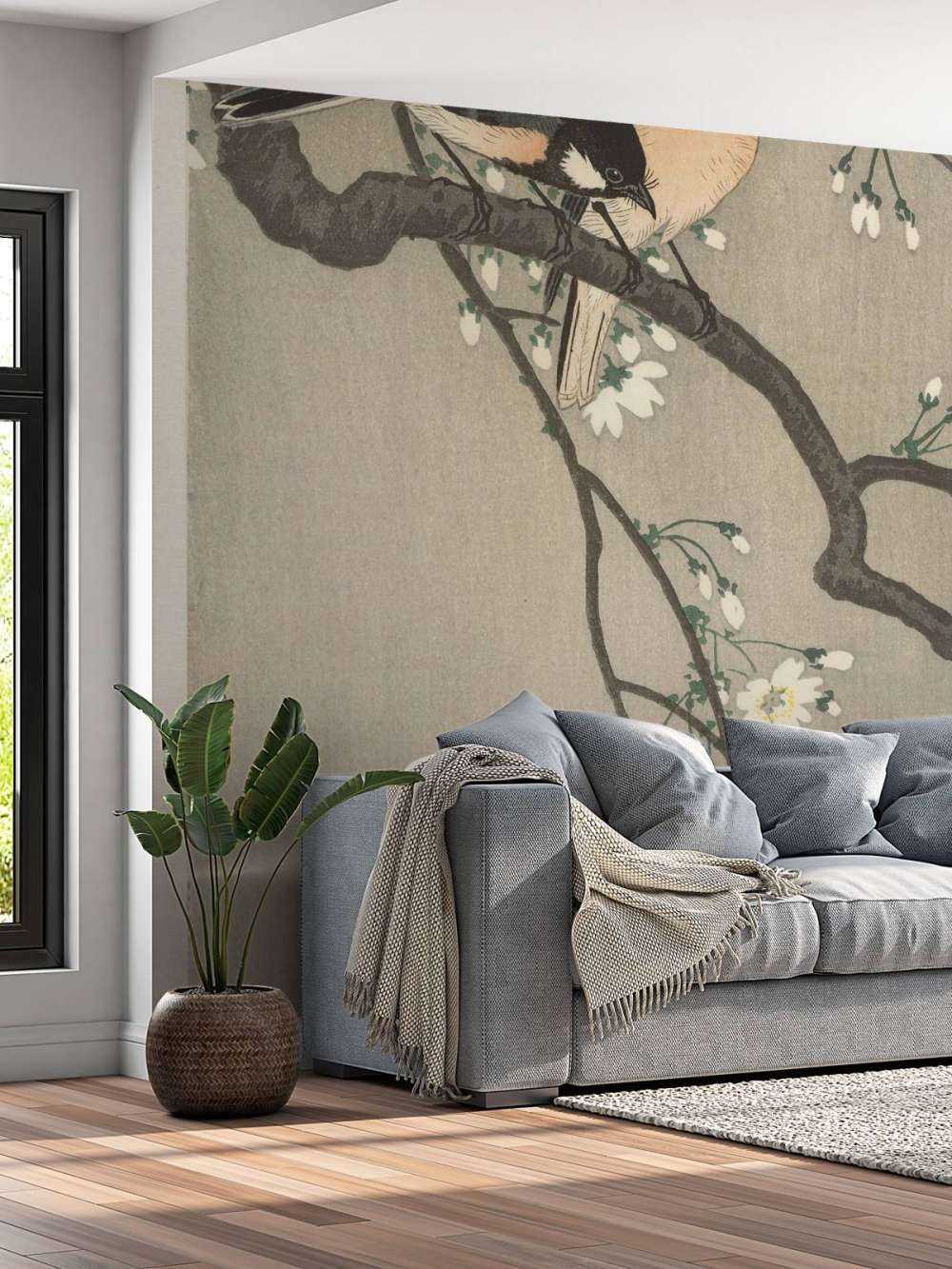 Great tits on blossom branch