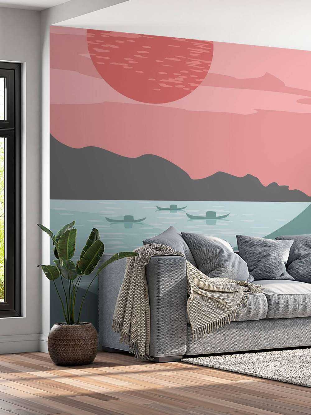 Illustratie van bergen en bootjes