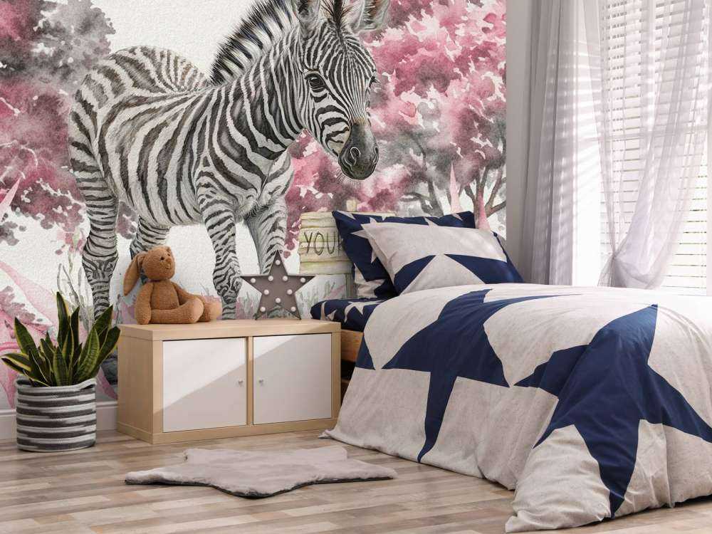 Young zebra in the wild pink