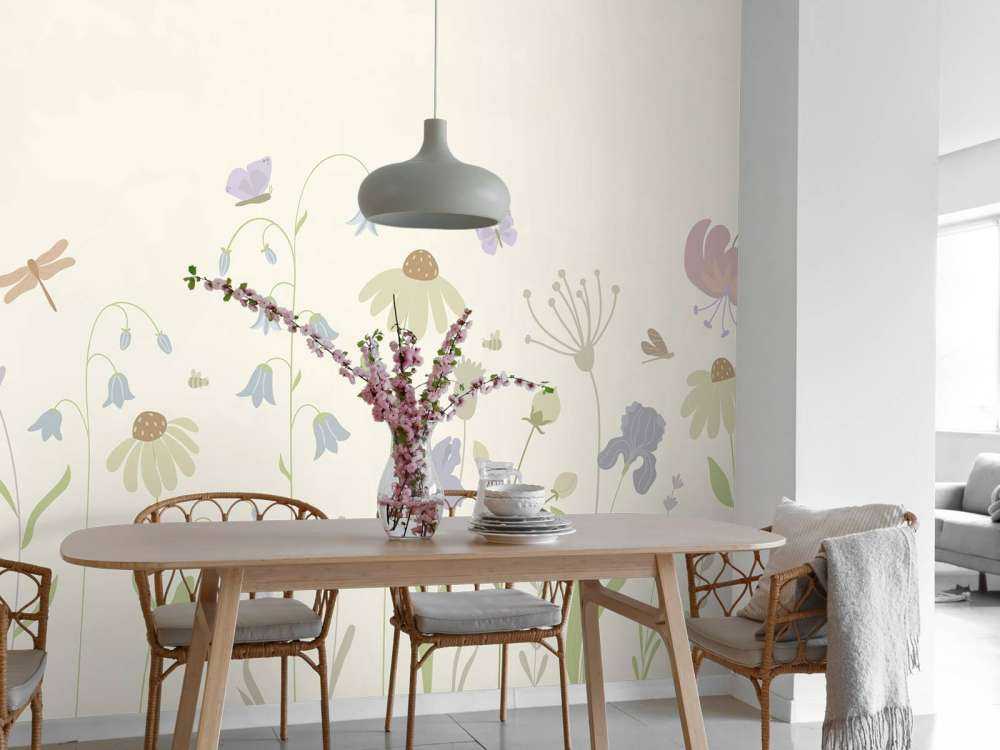 Flower field high with butterflies beige, old pink, green and lilac