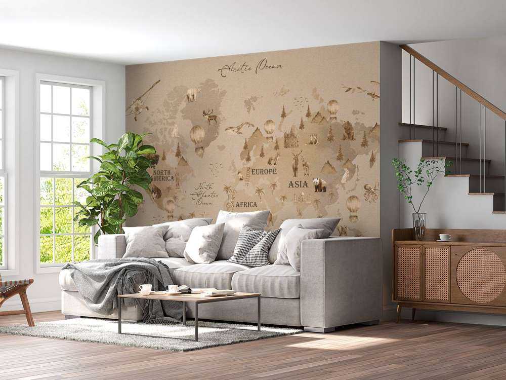 Wereldkaart met verschillende dieren taupe