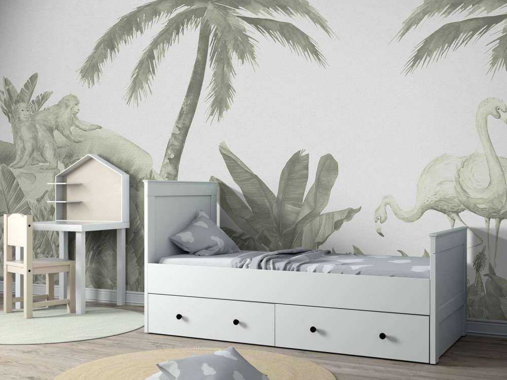 Monkeys and flamingos in green