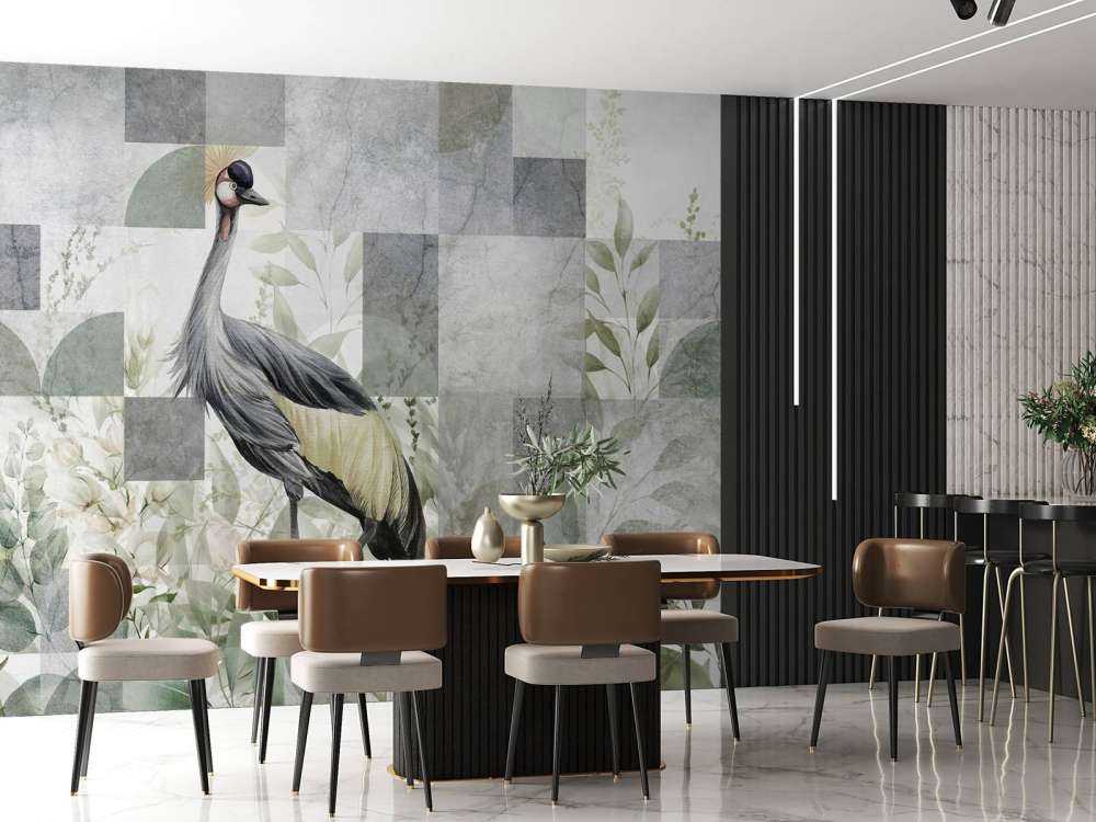 Crane among the leaves