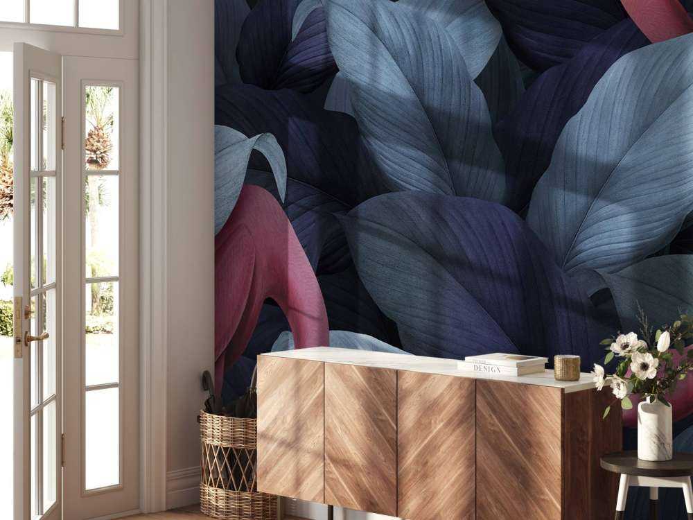 Flamingos with leaves