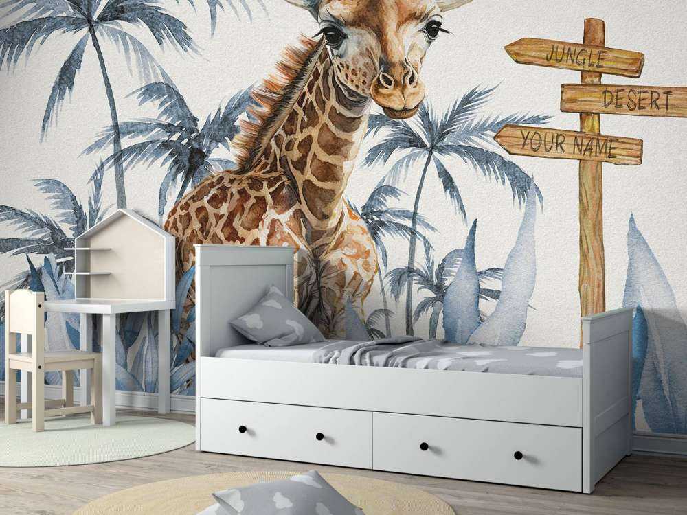 Baby giraffe in the jungle blue