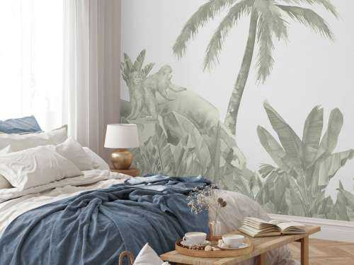 Monkeys and flamingos in green