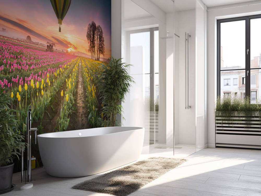 Pink yellow tulip field