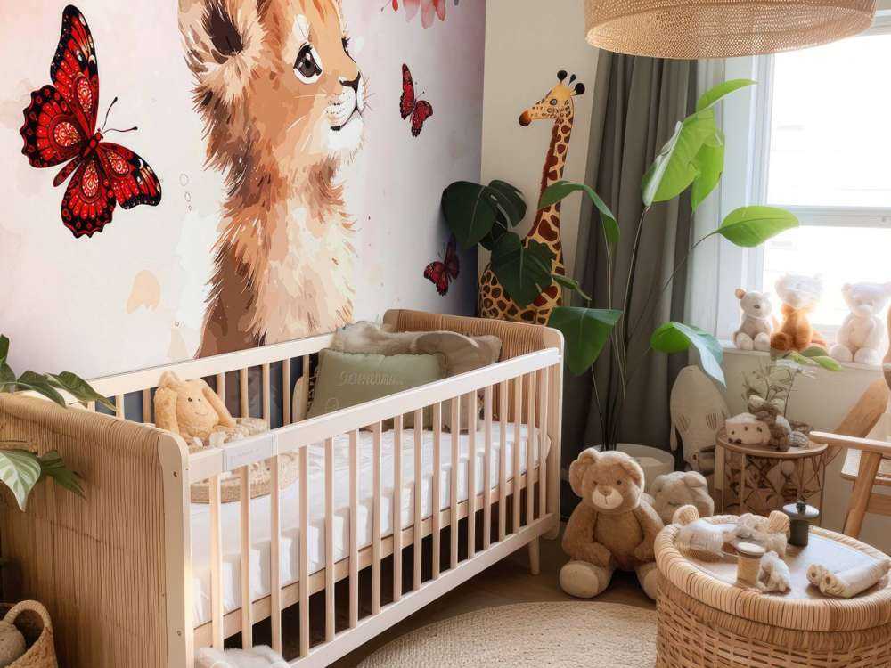 Dreamy lion cub and butterflies