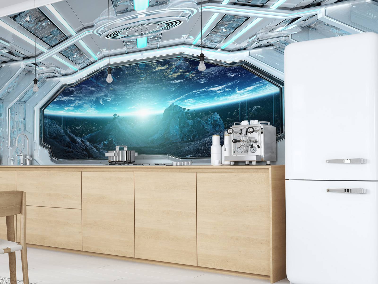 Spaceship with view on a planet