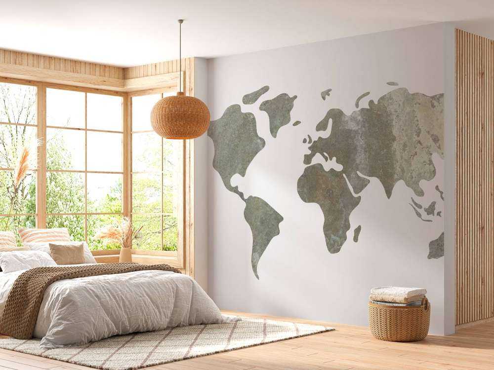 Green world map with metal structure