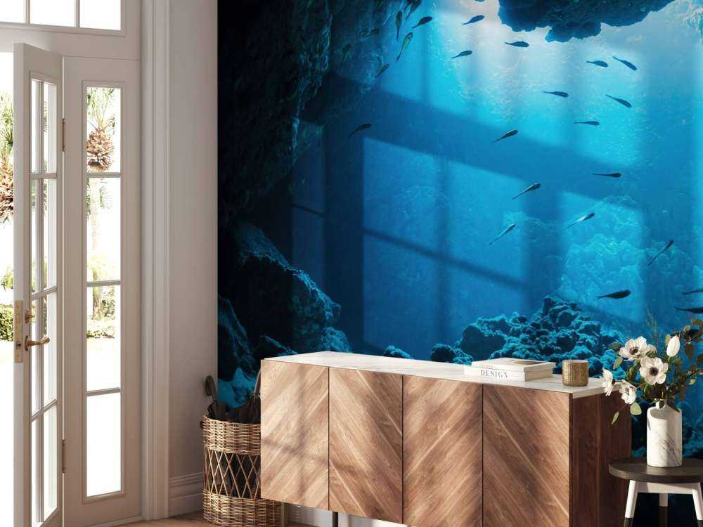 Underwater cave with fish