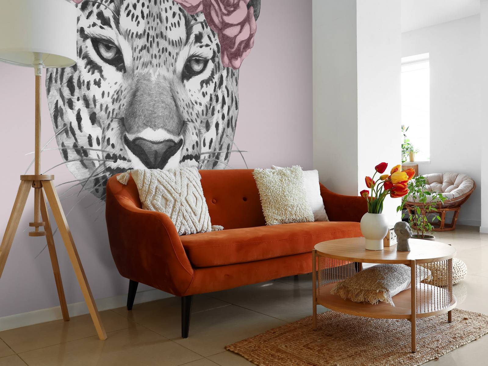 Leopard with pink flowers