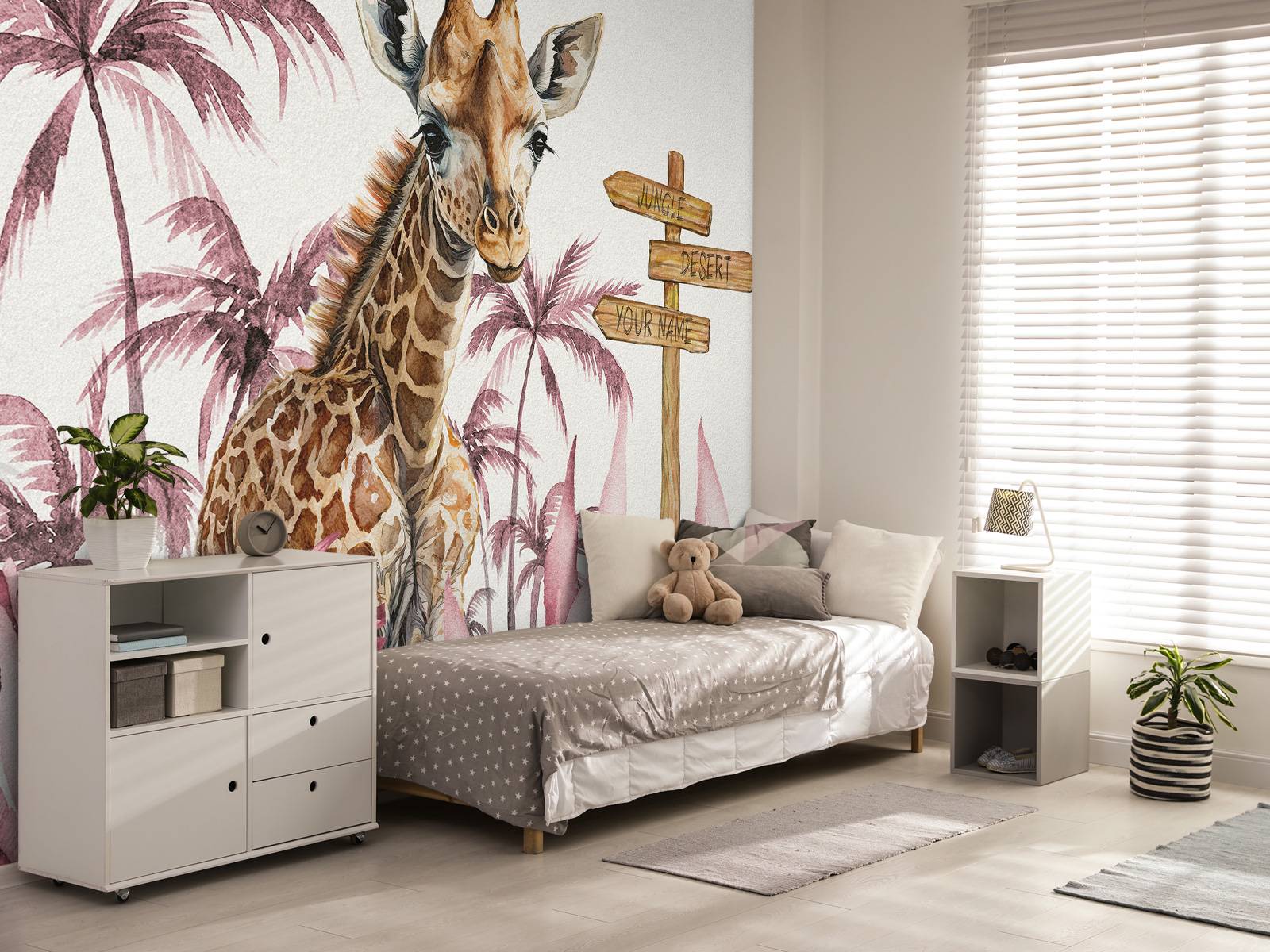 Baby giraffe in the jungle pink