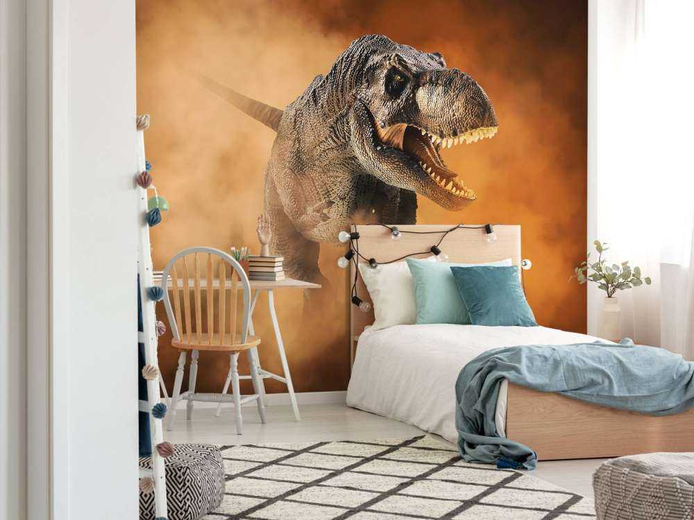 Tyrannosaurus walking through smoke