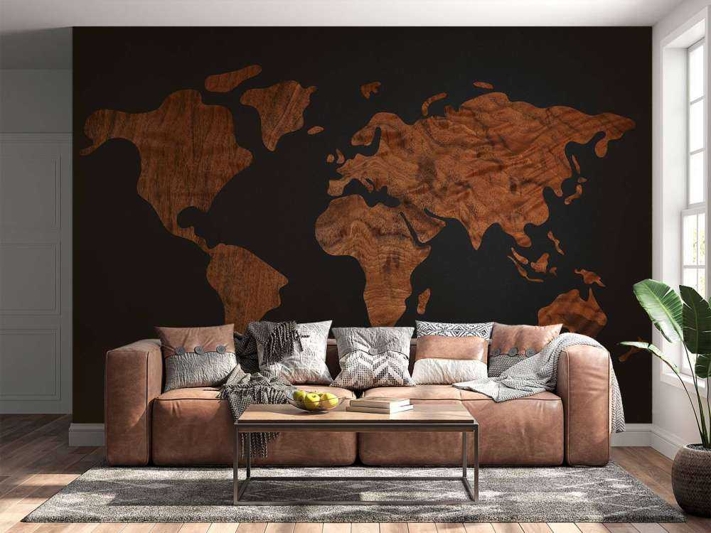 World map with wood veneer