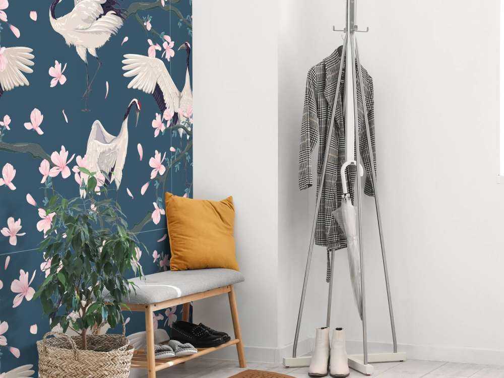 Kraanvogels met magnolia's