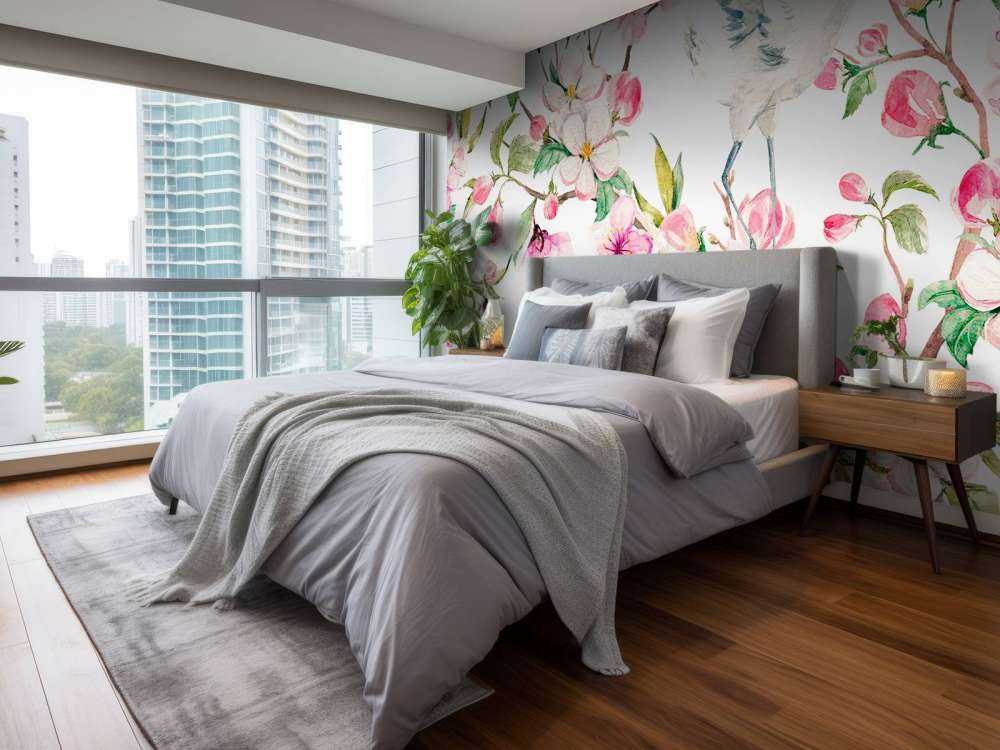Peinture de grues avec fleurs