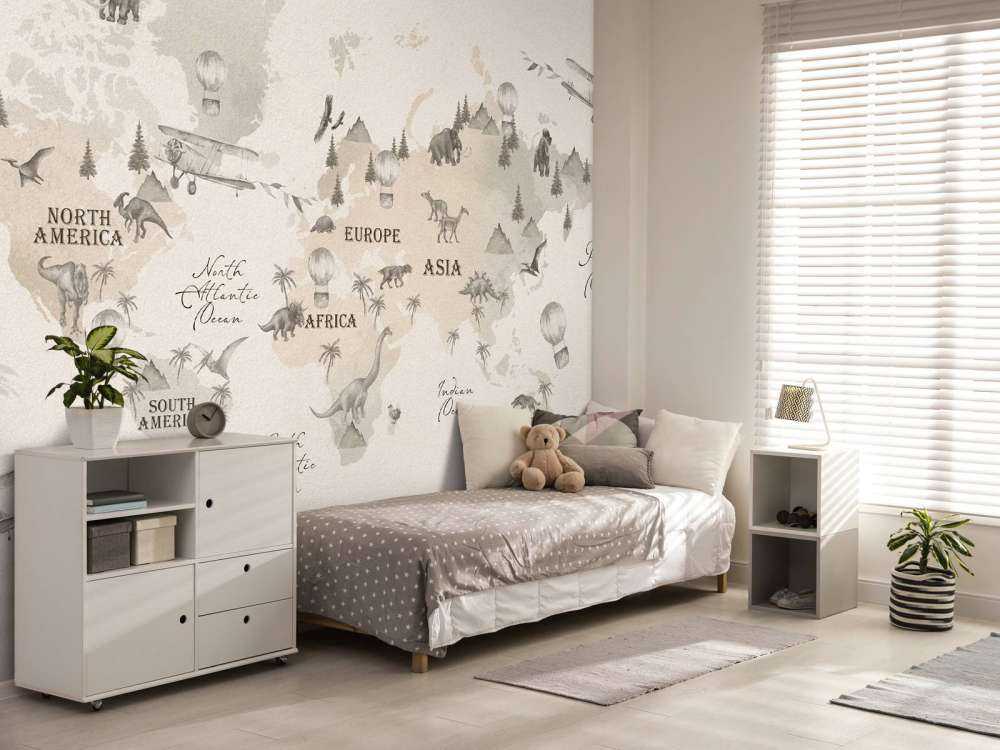 Wereldkaart met dino's off-white