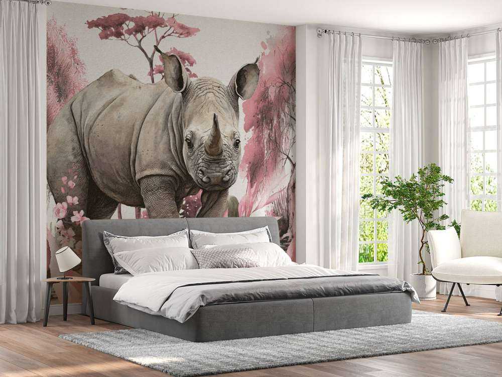 Baby rhino on the savannah pink