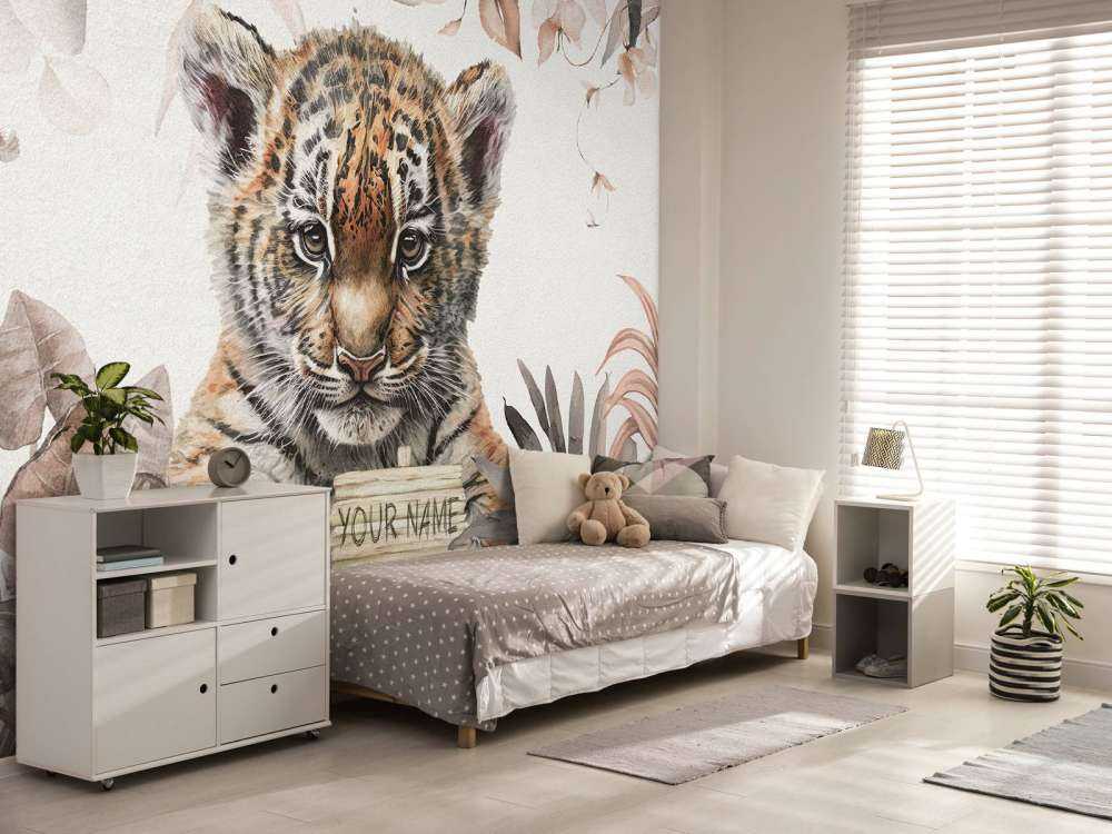 Cute tiger with plants taupe