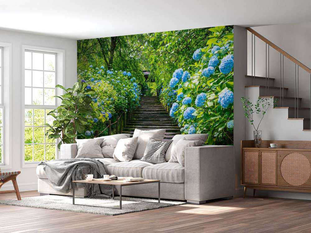 Stairs between hydrangeas