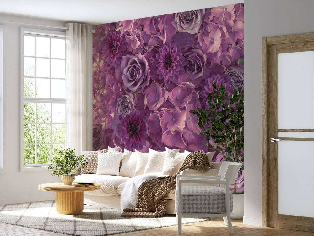 Purple hydrangeas, roses and dahlias