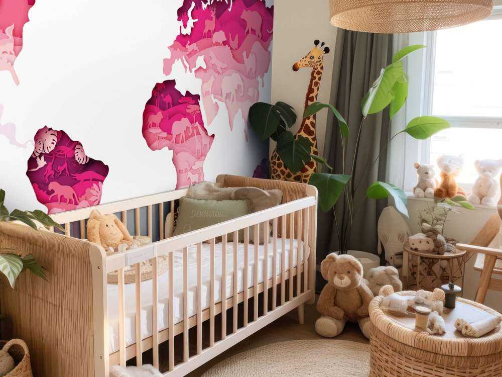 Dieren wereldkaart roze tinten