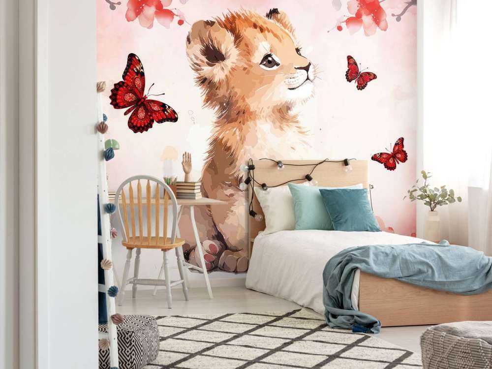 Dreamy lion cub and butterflies