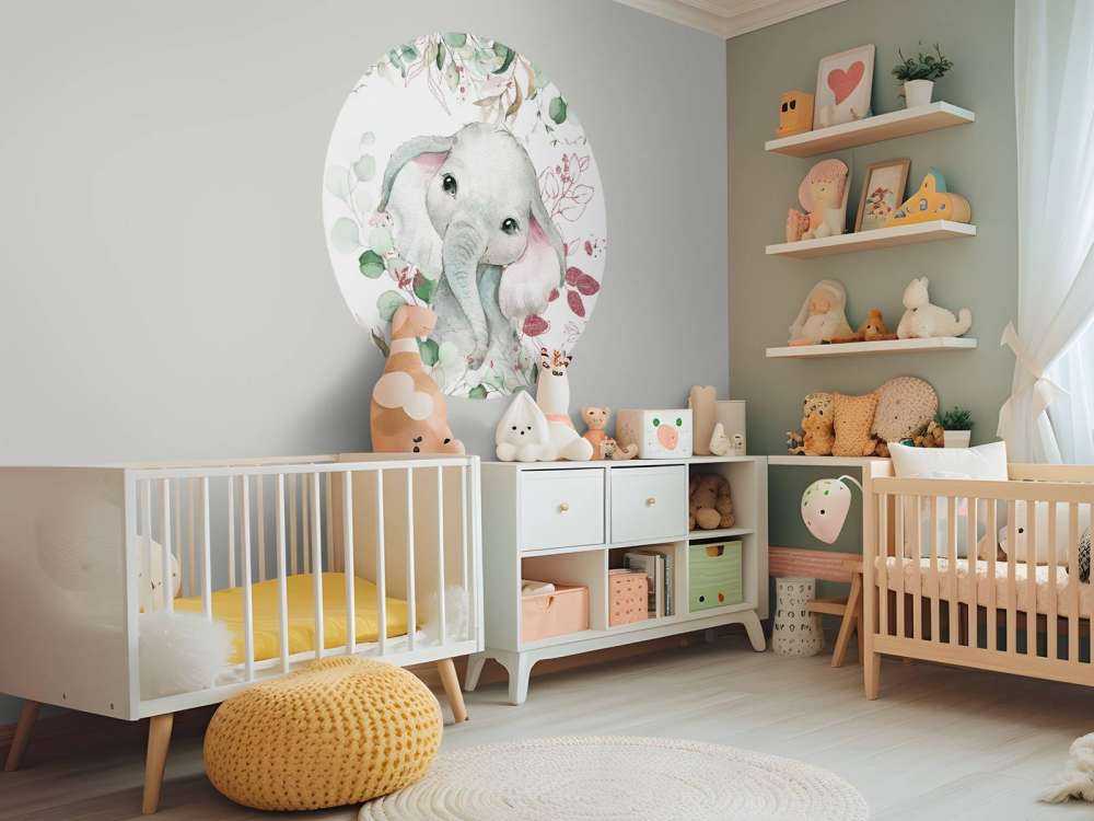 Elephant baby with mint and pink leaves