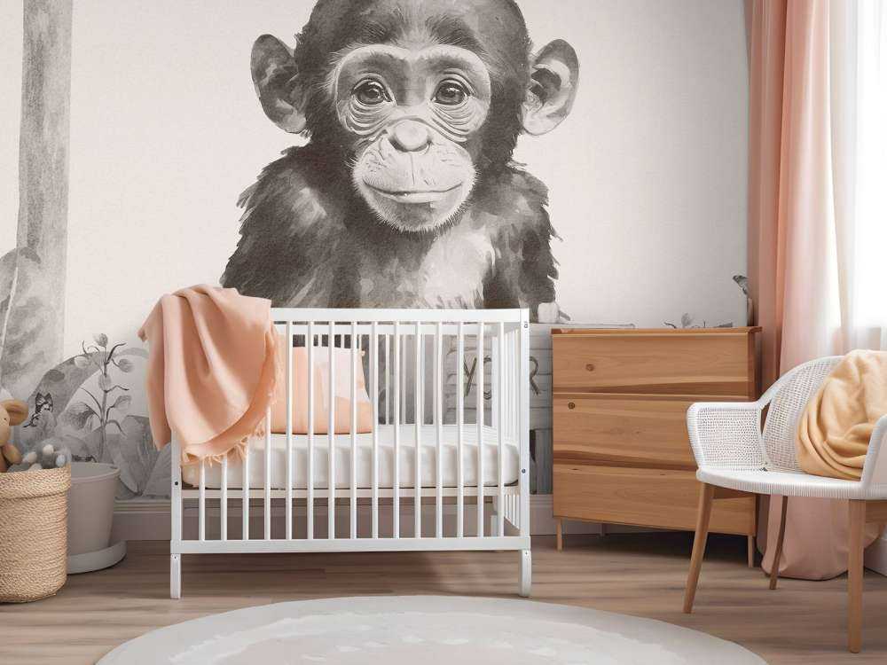 Baby chimpanzee in the jungle beige