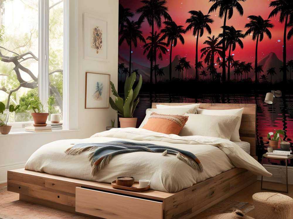 Palm trees in red sky