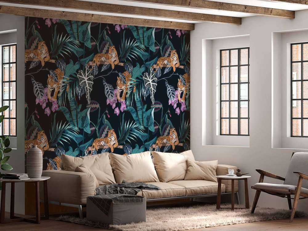 Tigers, leaves and flowers