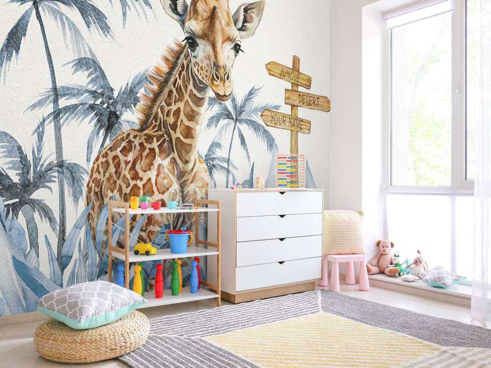 Baby giraffe in the jungle blue
