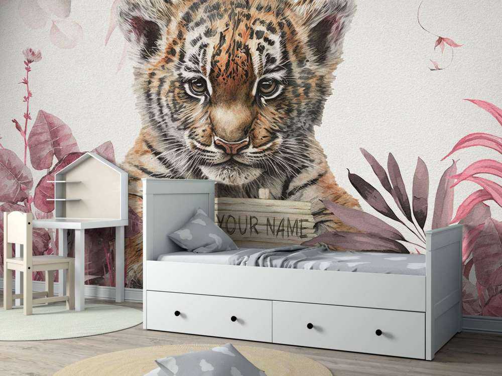 Cute tiger with plants pink