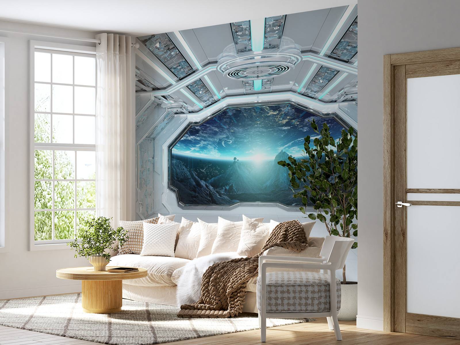 Spaceship with view on a planet