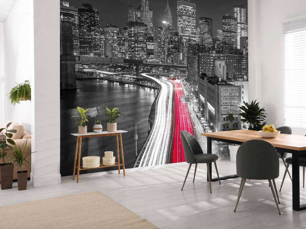 Strip lights on streets of Manhattan by east river, New York