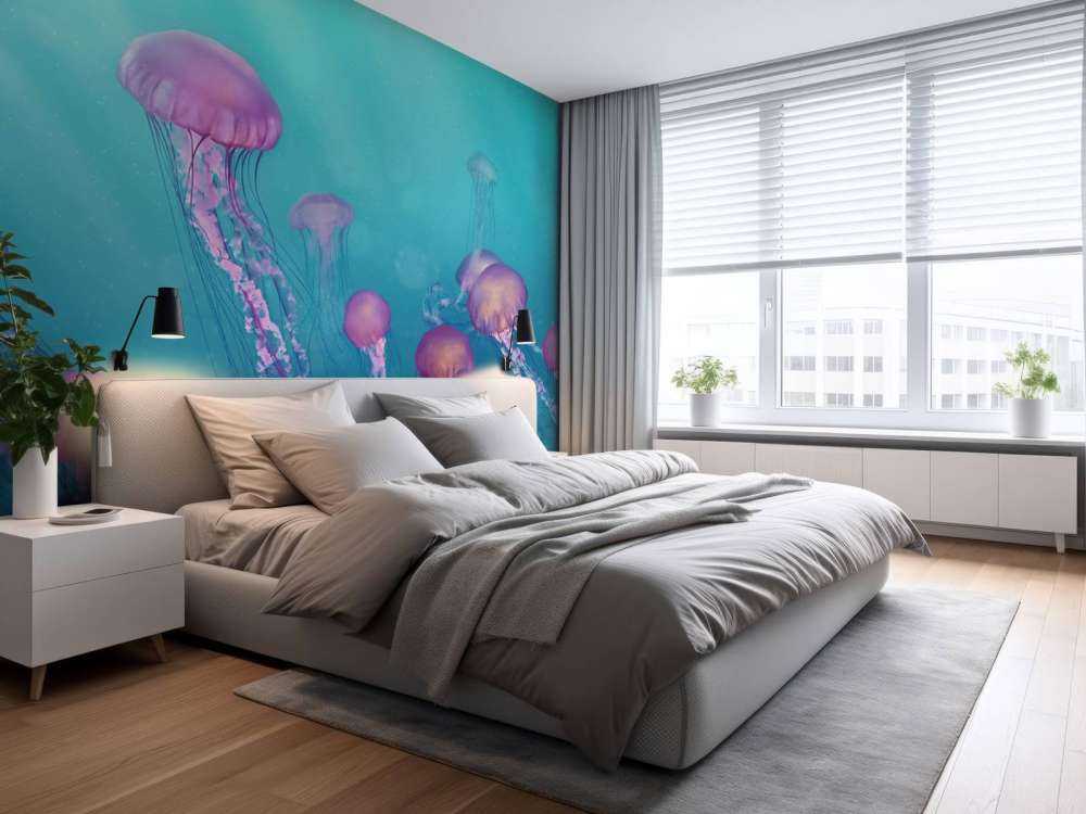 Pink jellyfish in blue sea