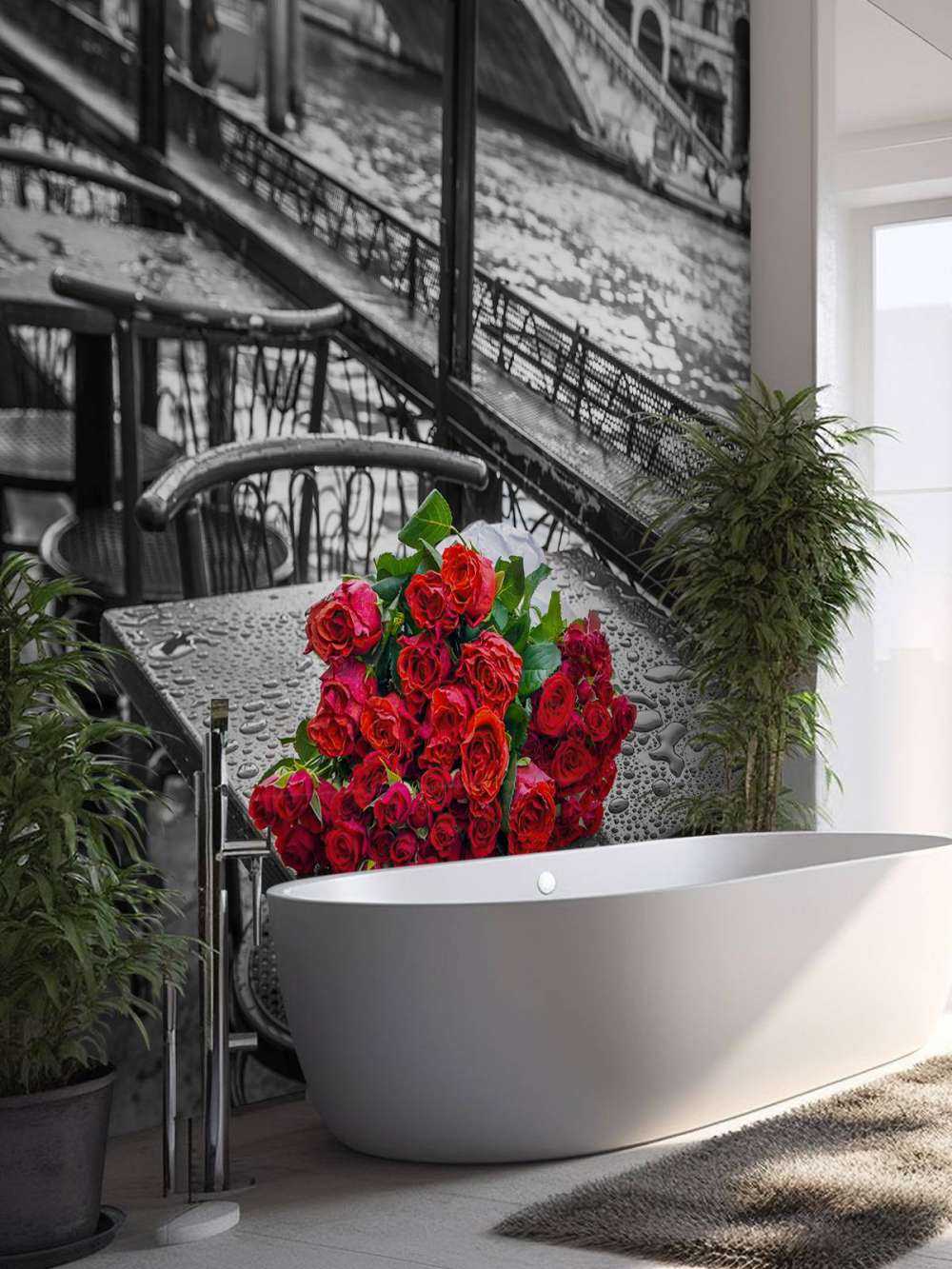 Bunch of red roses on street cafe table, Rialto Bridge, Venice, Italy