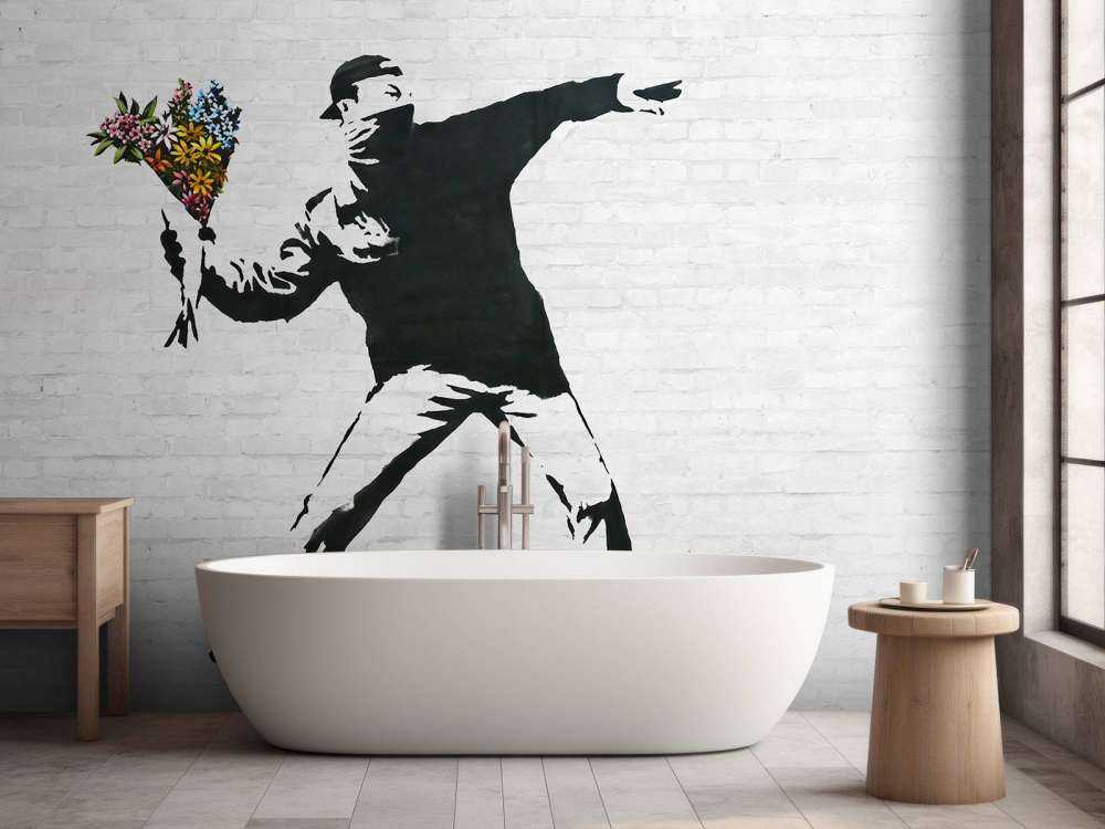Banksy - Flower thrower, white bricks
