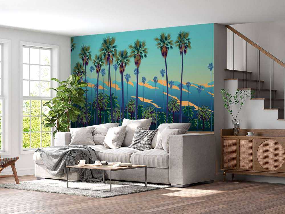 Drawn lake with palm trees