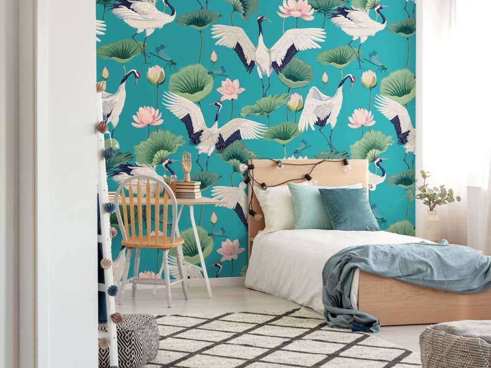 Witte kraanvogels, donkerblauw