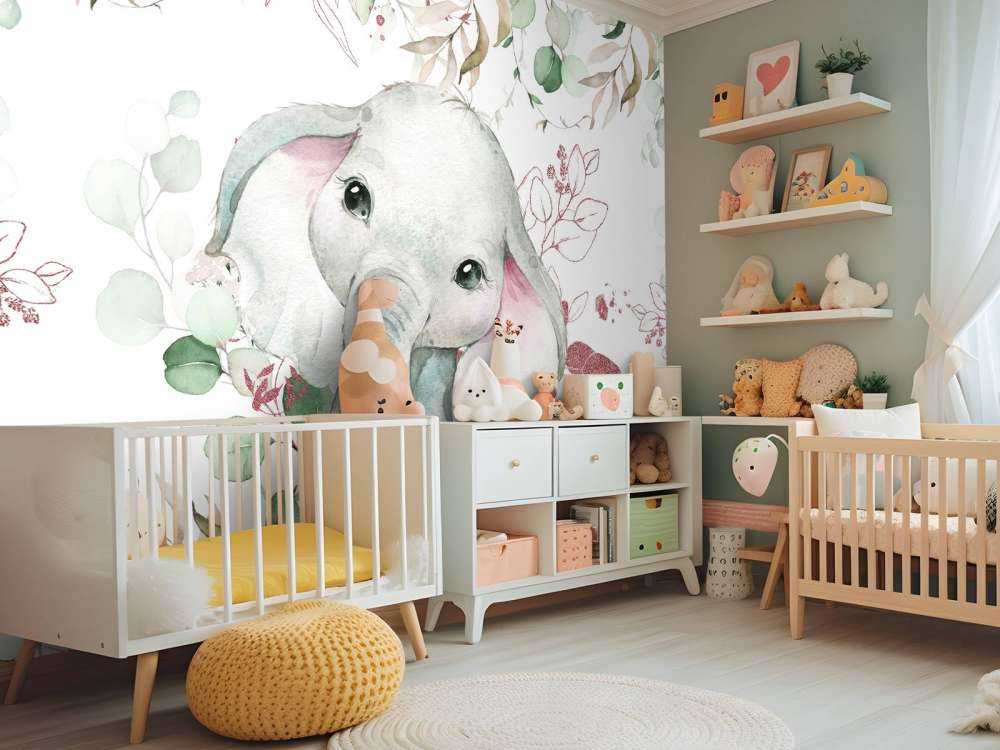 Elephant baby with mint and pink leaves