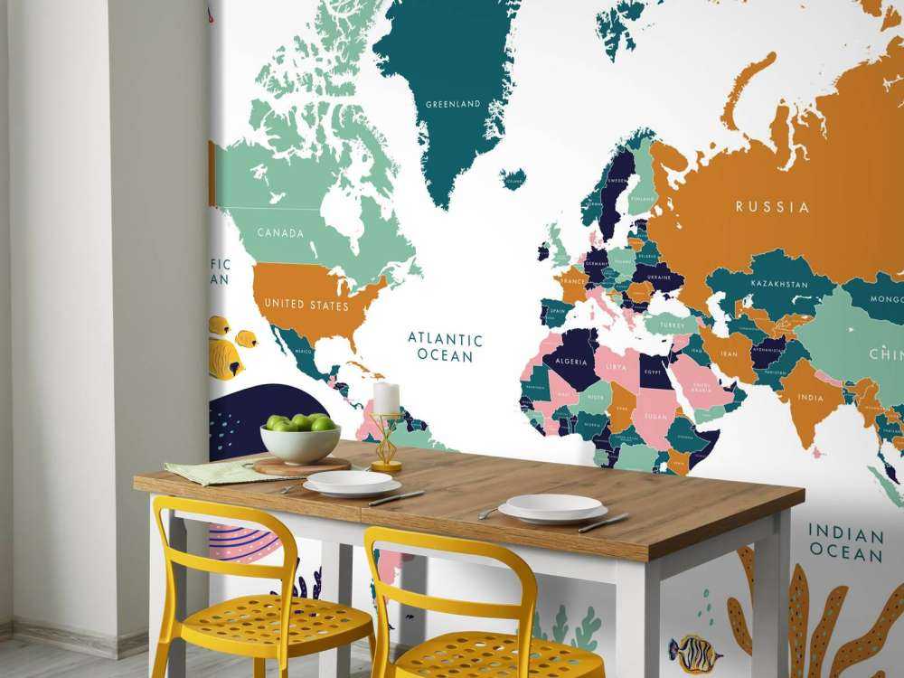 World map with ocean animals