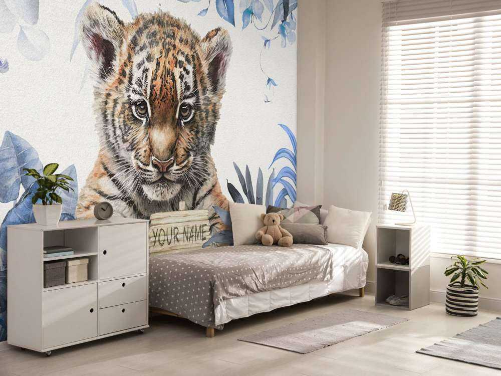 Cute tiger with plants blue