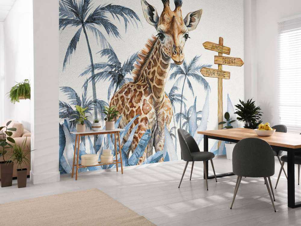 Baby giraffe in the jungle blue
