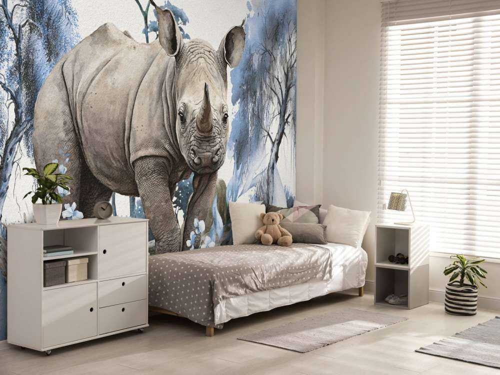 Baby rhino on the savannah blue