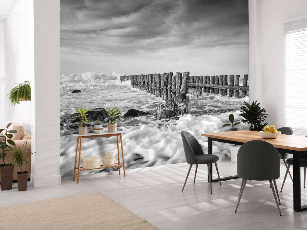 Foaming sea in black and white