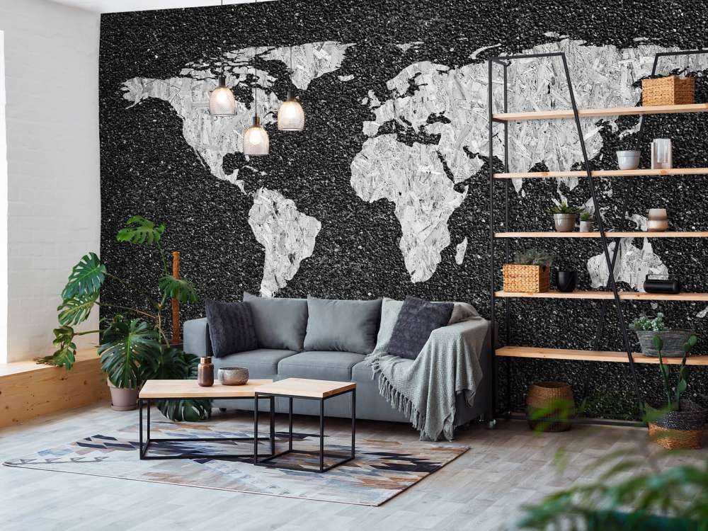 White world map on black background